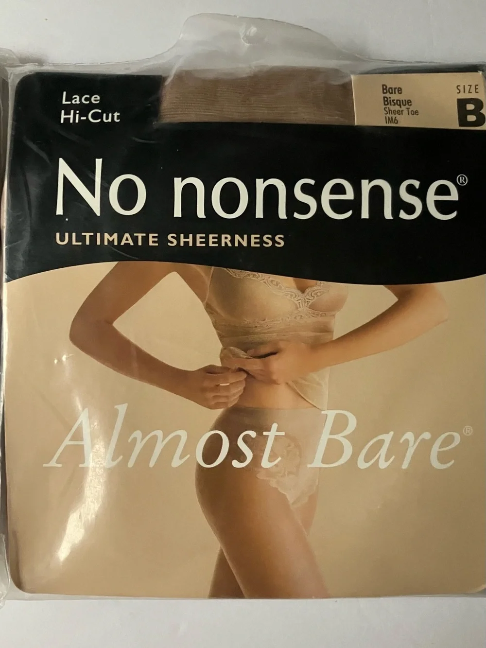 No Nonsense Almost Bare Lace Hi-Cut Pantyhose Sheer Toe Bare Bisque Mist Size B